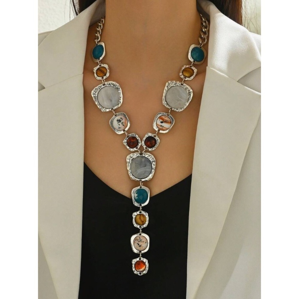 Boho Silver Tone Multi Color Faux Stone Y-Drop Statement Necklace Hammered Metal